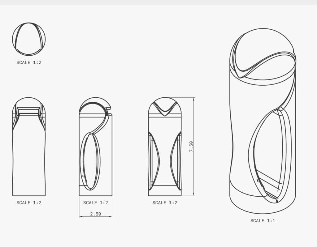 Technical CAD service for cylindrical product with ergonomic handle, shown in multiple views (top, side, angled) for Brentwood, New York.